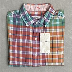 Tommy Bahama Men's Medium "Barbados Breeze Stretch" Shirt Plaid Linen Blend NEW